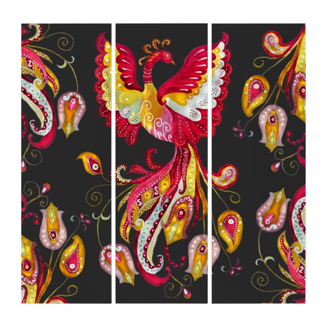 Watercolor Fantasy Firebird Phoenix Feathers Triptych (Front)