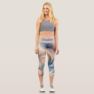 Watercolor Fantasy Floral Pastel Blue & Cream Capri Leggings