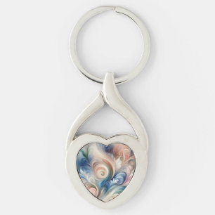 Watercolor Fantasy Floral Pastel Blue & Cream  Keychain