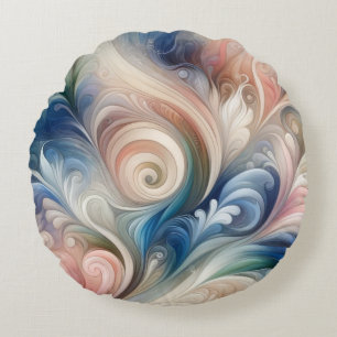 Watercolor Fantasy Floral Pastel Blue & Cream Round Pillow