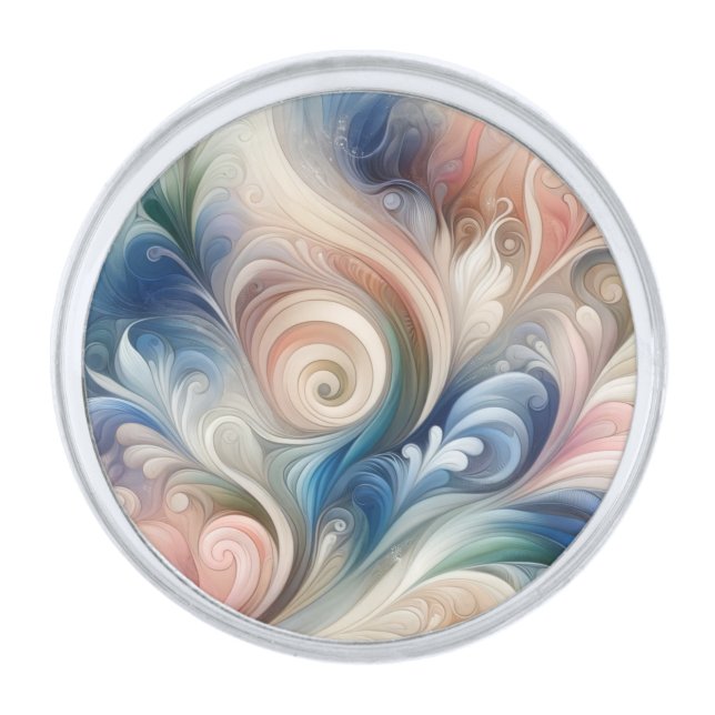 Watercolor Fantasy Floral Pastel Blue & Cream Silver Finish Lapel Pin (Front)