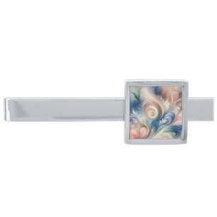 Watercolor Fantasy Floral Pastel Blue & Cream Silver Finish Tie Bar