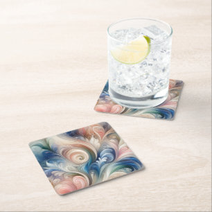Watercolor Fantasy Floral Pastel Blue & Cream Square Paper Coaster