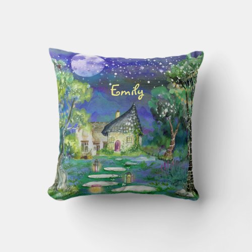 Watercolor Fantasy Woods Fairy Light Magic Cottage Throw Pillow