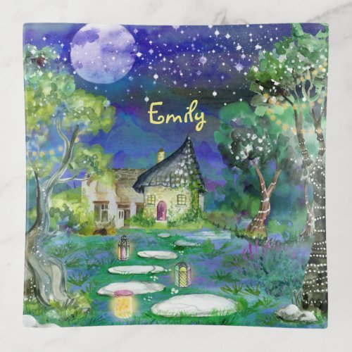 Watercolor Fantasy Woods Fairy Light Magic Cottage Trinket Tray