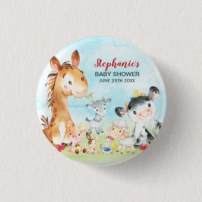 Watercolor Farm Animals Baby Shower Button (Front)