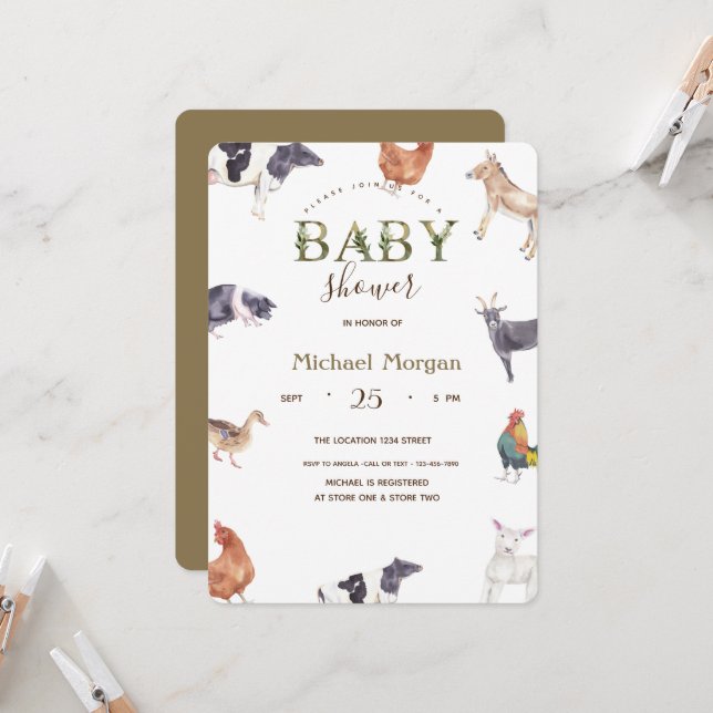 Watercolor Farm Animals Baby Shower  Invitation (Front/Back In Situ)