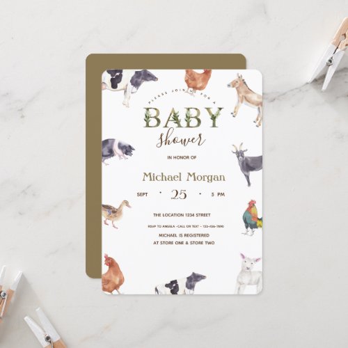 Watercolor Farm Animals Baby Shower  Invitation