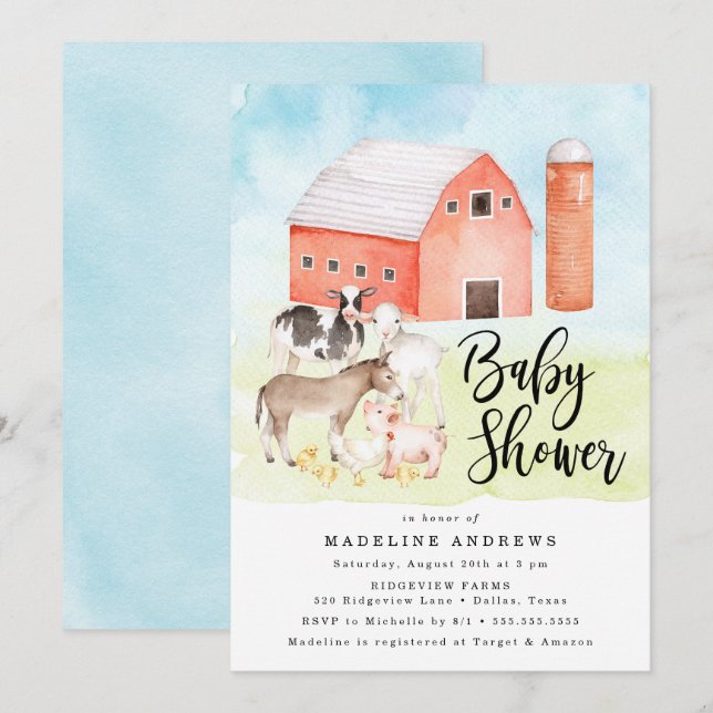 Watercolor Farm Animals | Baby Shower Invitation (Front/Back)