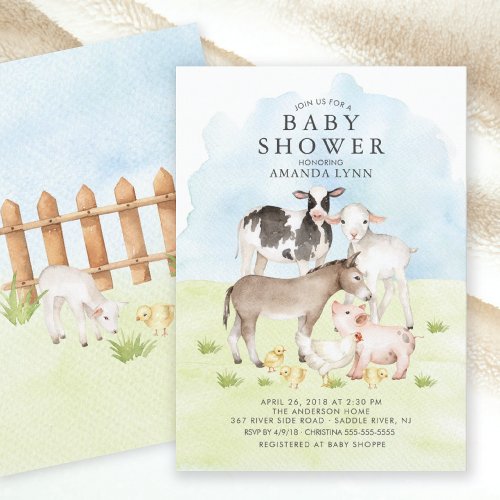 Watercolor Farm Animals Baby Shower Invitation