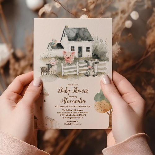 Watercolor Farm Animals Baby Shower  Invitation