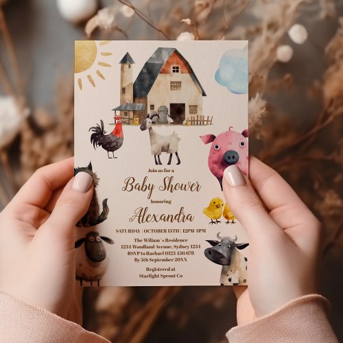 Watercolor Farm Animals Baby Shower Invitation