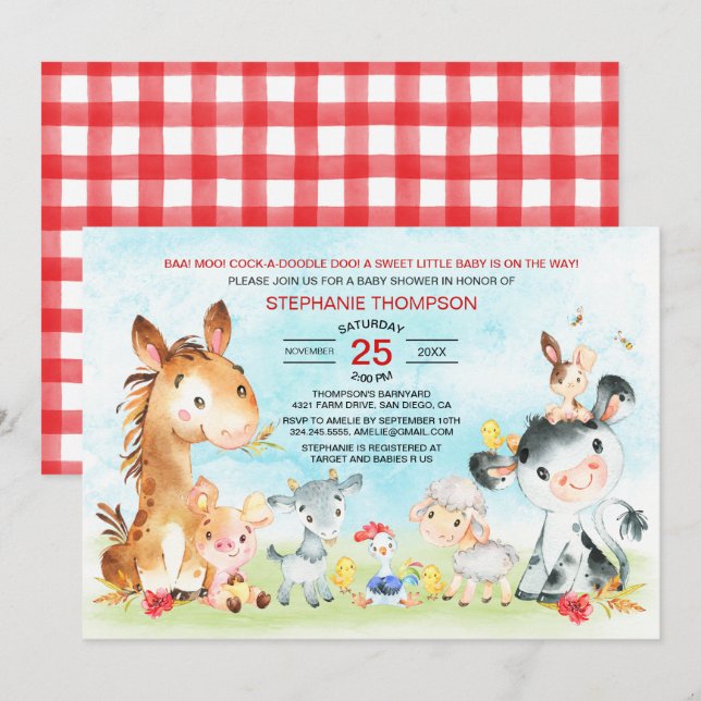 Watercolor Farm Animals Baby Shower Invitation (Front/Back)