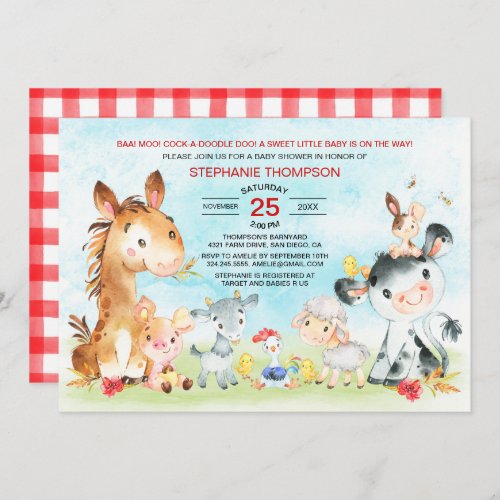 Watercolor Farm Animals Baby Shower Invitation