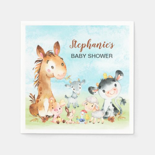 Watercolor Farm Animals Baby Shower Napkins