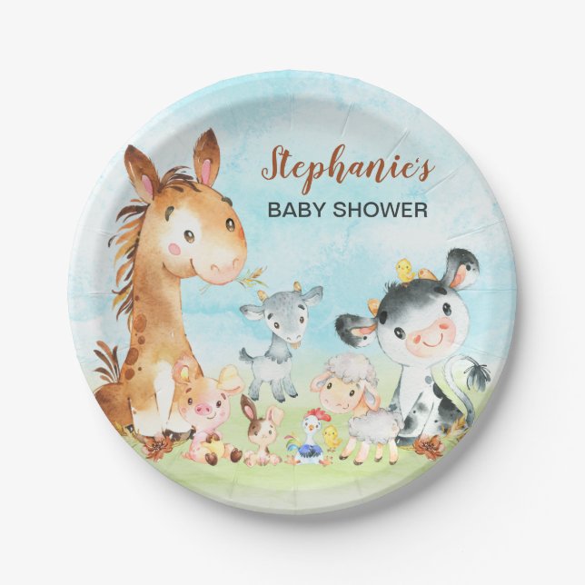 Watercolor Farm Animals Baby Shower Paper Plates (Front)