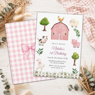 Watercolor Farm Animals Barn 1st Birthday Party Invitation