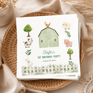 Watercolor Farm Animals Barn 1st Birthday Party Napkins