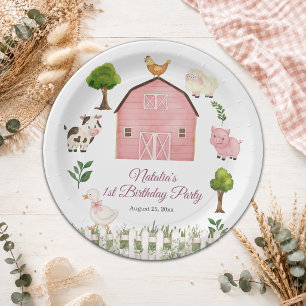 Watercolor Farm Animals Barn 1st Birthday Party Paper Plates