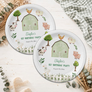 Watercolor Farm Animals Barn 1st Birthday Party Paper Plates
