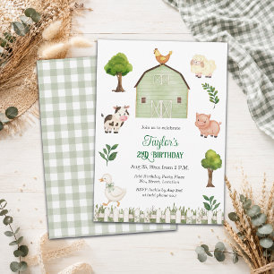 Watercolor Farm Animals Barn 2nd Birthday Party Invitation