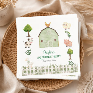 Watercolor Farm Animals Barn 2nd Birthday Party Napkins