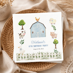 Watercolor Farm Animals Barn 8th Birthday Party Napkins