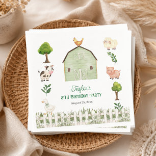 Watercolor Farm Animals Barn 8th Birthday Party Napkins
