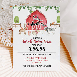 Watercolor Farm Animals Barn Baby Shower Invitation