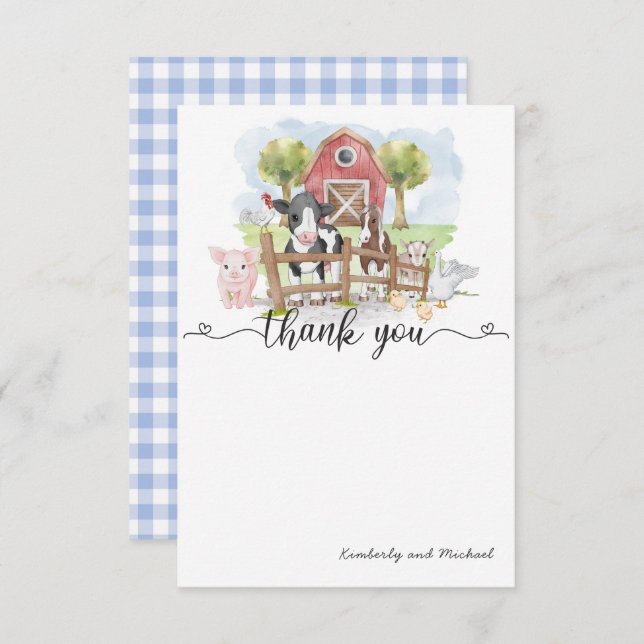 Watercolor Farm Animals Birthday | Baby Shower Thank You Card (Front/Back)