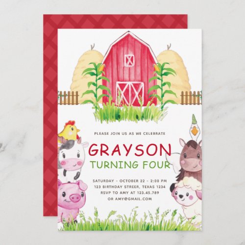 Watercolor Farm Animals Birthday Invitation