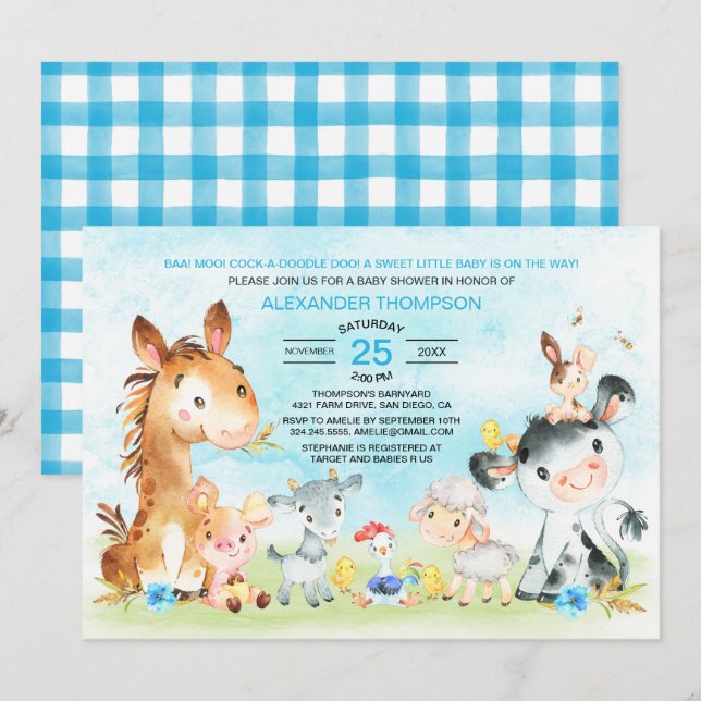 Watercolor Farm Animals Boy Baby Shower Invitation (Front/Back)