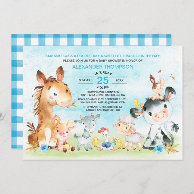Watercolor Farm Animals Boy Baby Shower Invitation (Front/Back)