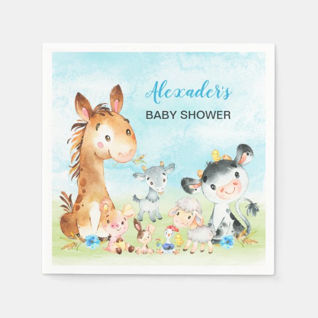 Watercolor Farm Animals Boy Baby Shower Napkins (Front)