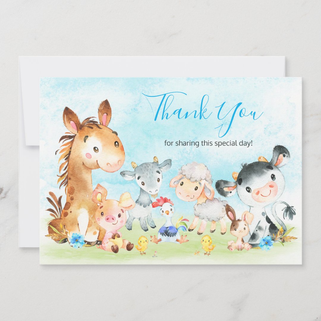 Watercolor Farm Animals Boy Thank You Card | Zazzle