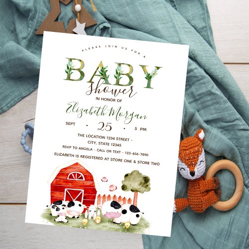 Watercolor Farm Animals Cows Chickens Baby Shower  Invitation