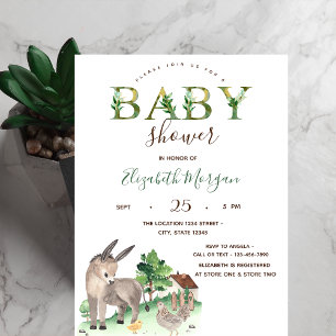 Watercolor Farm Animals Donkey Baby Shower Invitation