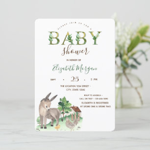Watercolor Farm Animals Donkey Baby Shower Invitation
