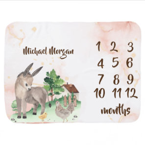 Watercolor Farm Animals Donkey Month Milestone   Baby Blanket