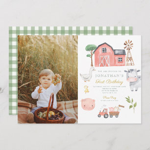 Watercolor Farm Animals First Birthday Photo  Invitation