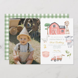 Watercolor Farm Animals First Birthday Photo Invitation