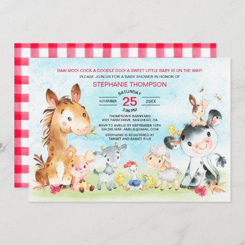 Watercolor Farm Animals Girl Baby Shower Invitation