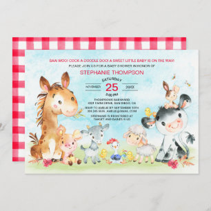 Watercolor Farm Animals Girl Baby Shower Invitation