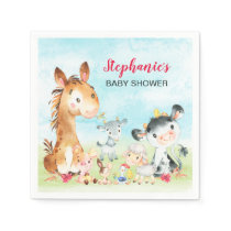 Watercolor Farm Animals Girl Baby Shower Napkins