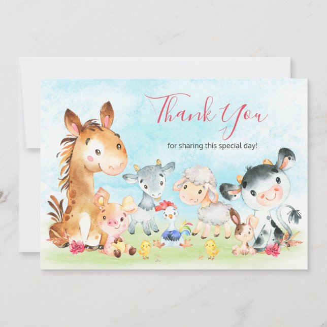 Watercolor Farm Animals Girl Thank You Card (Front)
