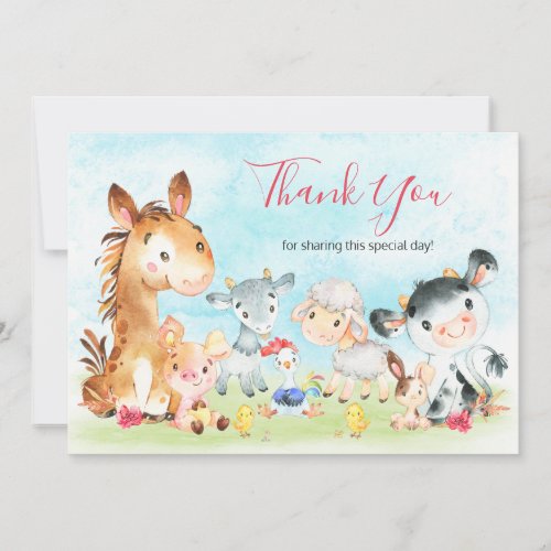 Watercolor Farm Animals Girl Thank You Card
