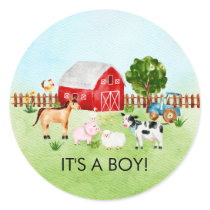 Watercolor Farm Animals It' a Boy Favor Sticker