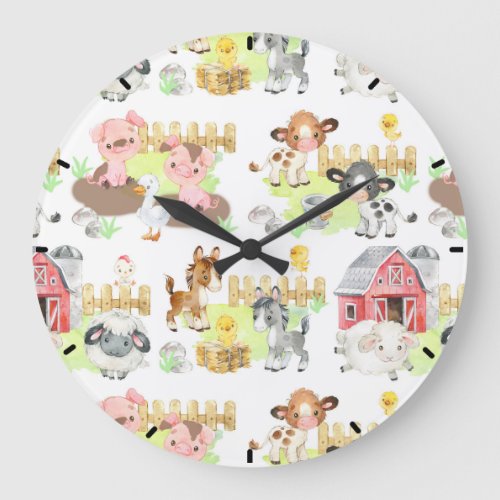 Watercolor Farm Animals Large Clock