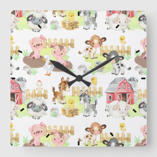 Watercolor Farm Animals Square Wall Clock