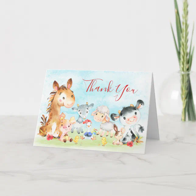 Watercolor Farm Animals Thank You Card | Zazzle